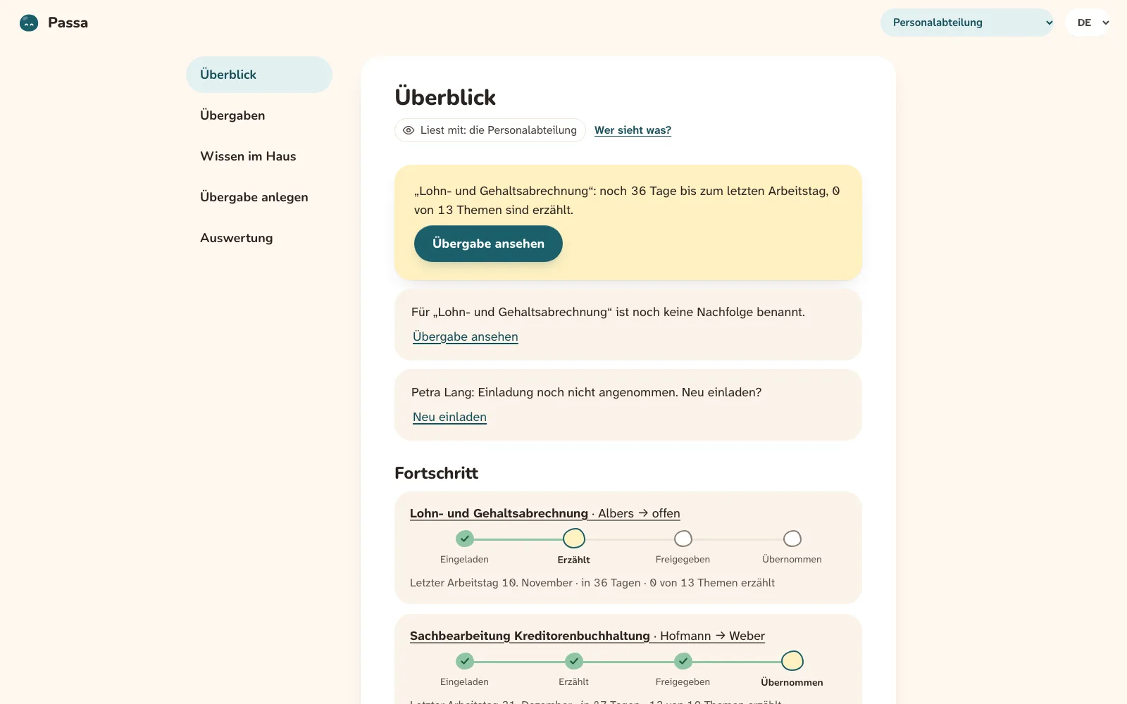 Bildschirmfoto: Überblick der Personalabteilung in Passa