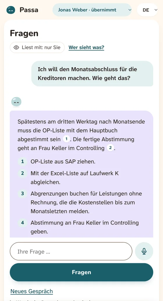 Bildschirmfoto: Passa beantwortet auf dem Handy die Frage der Nachfolge mit Schritten und Belegen