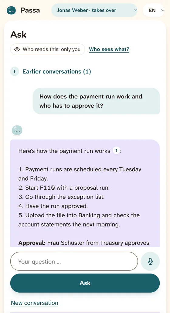 Screenshot: Passa answering the successor's question on a phone, with steps and sources